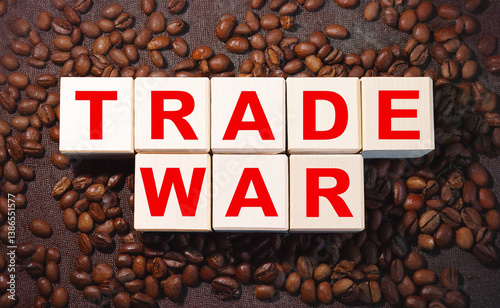 White wooden cube block for trade war red word on roasted coffee beans background. Concept for trade war, tax war, coffee war, tariff war, economic conflict and protect industries. Generated image