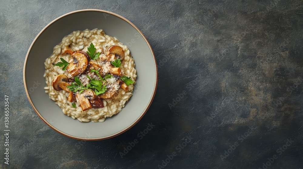 A gourmet bowl of creamy risotto with mushrooms, parmesan, and fresh herbs. Featuring richness and elegance A gourmet bowl of creamy risotto with mushrooms, parmesan, and fresh herbs. Featuring richness and elegance