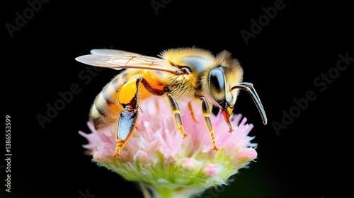 A honeybee, with its fuzzy body and translucent wings, collects pollen from a pink flower. The bee is sharply in focus against a black background. The image is high-resolution and exhibits macro phot photo