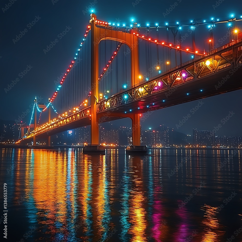 Fototapeta premium Vibrant Night Bridge over River.