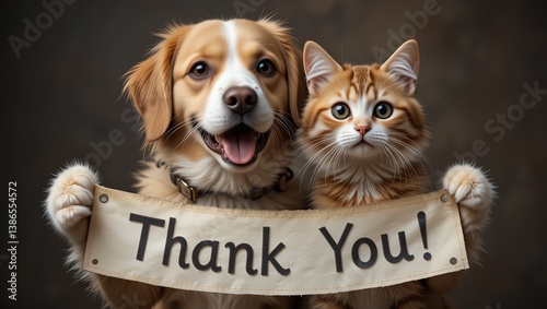 A cheerful dog and cat holding a 'Thank You!' sign, showcasing friendship and appreciation between pets.