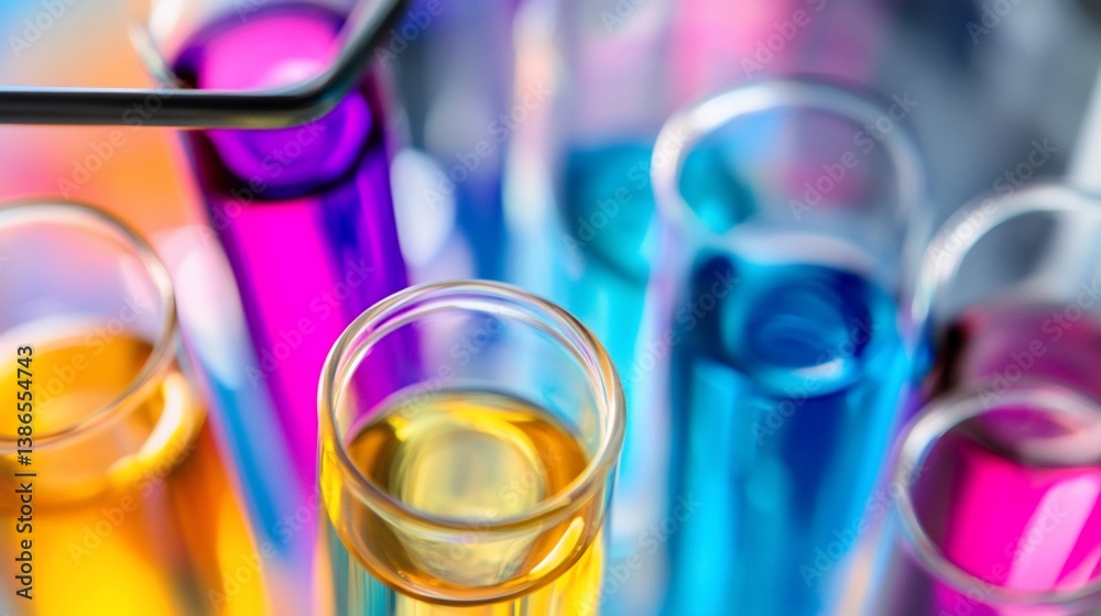 Colorful test tubes in a lab setting, liquid transfer Colorful test tubes in a lab setting, liquid transfer