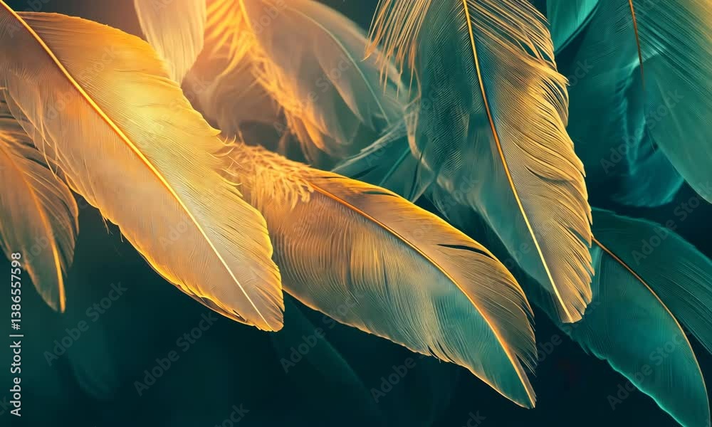 Golden and Teal Feathers Close Up Abstract Texture