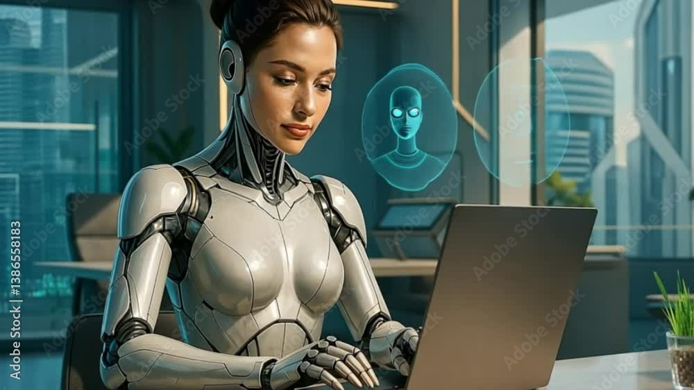 Hermosa jóven mujer cyborg, añadió a su cuerpo las última tecnología para potenciar sus habilidades. Está escribiendo en su laptop en su oficiana futurista utilizando los avances de la IA.