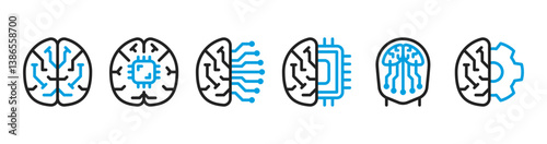 AI Brain Dualtone Icons Set for Neural Network Chip and Technology