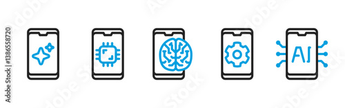 AI Mobile App Dualtone Icons Set For Artificial Intelligence, Neural Network, Chip, Brain, Settings