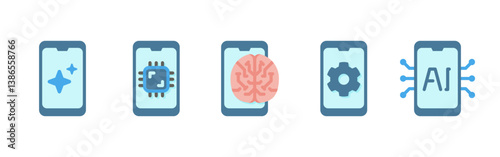 AI Mobile App Flat Icons Set For Artificial Intelligence, Neural Network, Chip, Brain, Settings
