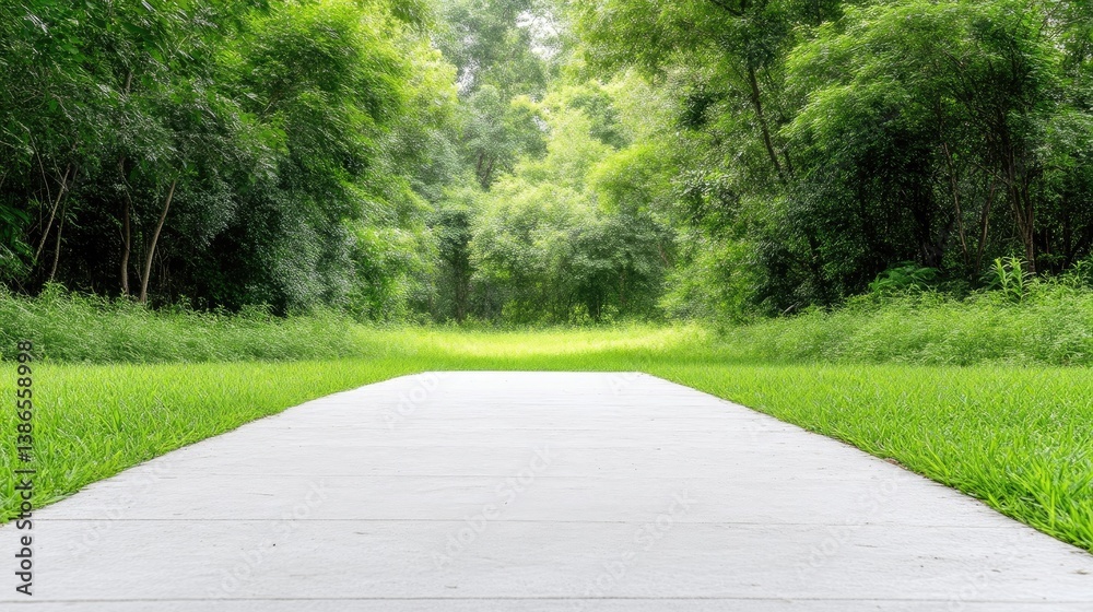 Obraz premium Pristine path through lush forest. A paved walkway stretches through a verdant forest, bathed in natural light. Green grass borders the pathway