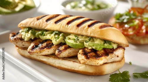 A grilled chicken sandwich with avocado and spicy mayo. Featuring fresh, flavorful bites