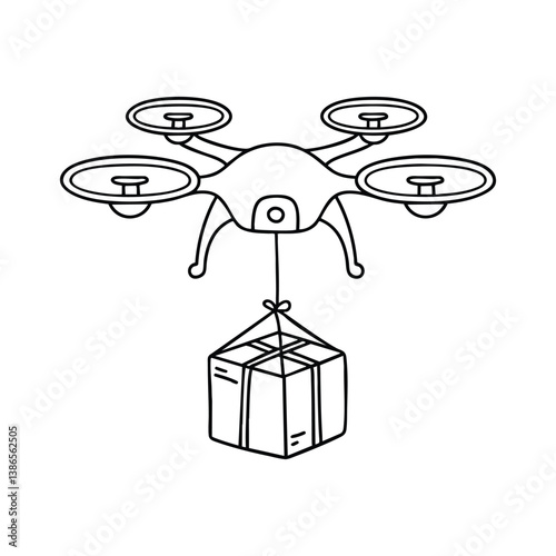 Illustration of a four rotor drone dropping a tiny package with a parachute