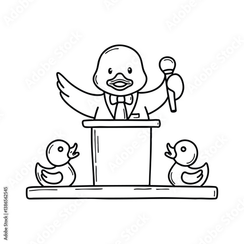 Illustration of a duck on a podium, giving a speech to smaller ducks