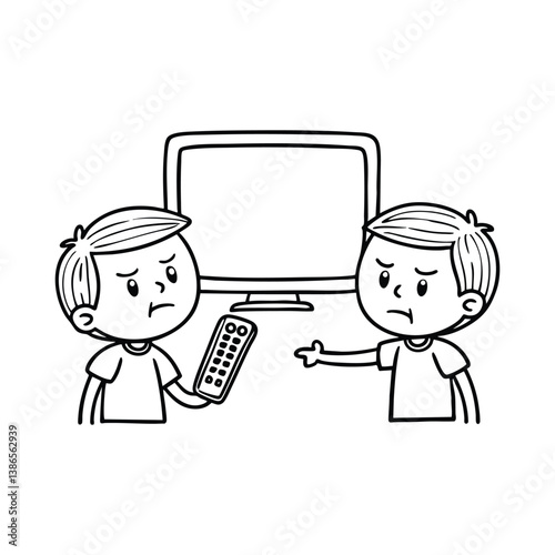Illustration of two boys grabbing the same TV remote with angry face expressions