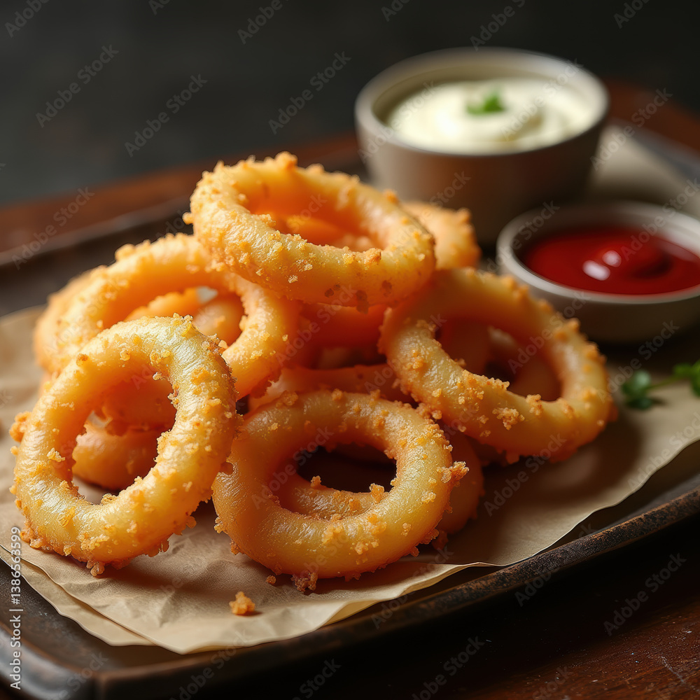 Crispy onion rings served with dipping sauces, perfect for enhancing menus, promotions, and food photography. Crispy onion rings served with dipping sauces, perfect for enhancing menus, promotions, and food photography.