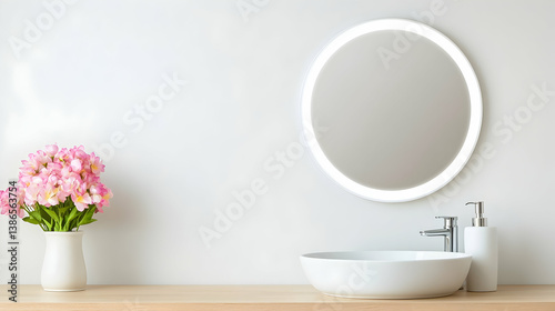 Modern Minimalist Bathroom Interior with White Sink, Round LED Mirror, and Pink Flowers