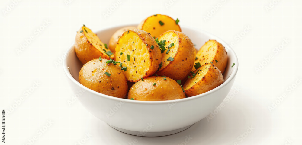 Freshly cooked golden potatoes garnished with herbs in a bowl, perfect for culinary presentations, menus, and food-related content. Freshly cooked golden potatoes garnished with herbs in a bowl, perfect for culinary presentations, menus, and food-related content.