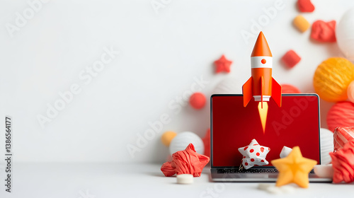 Orange Rocket Launching From Red Laptop on White Background