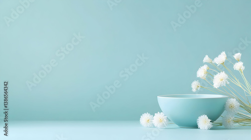 Pastel Blue Bowl with White Flowers on Light Blue Background