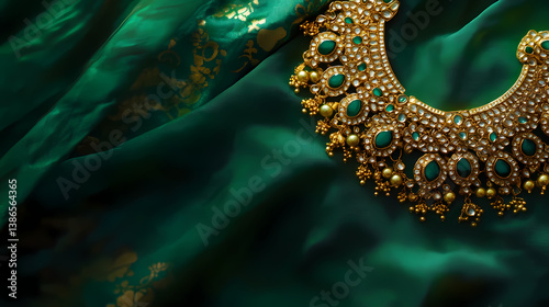 Emerald Embellishment: A captivating view showcasing a resplendent gold necklace adorned with vibrant emeralds, resting delicately upon a silk fabric, reflecting luxury and sophistication.