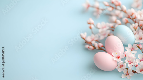 Pastel Pink and Blue Easter Eggs with White Blossoms on Light Blue Background