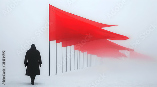 Person Walking Toward Red Flags in Foggy Winter Landscape