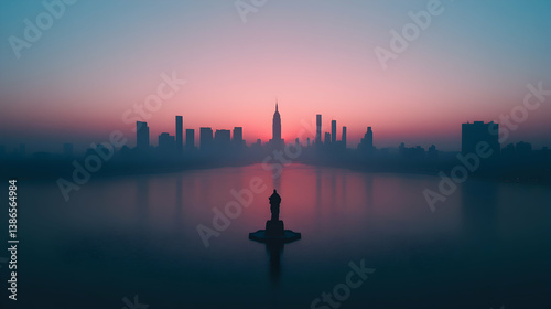 Pink and Purple City Skyline at Sunrise with Lake and Statue Silhouette