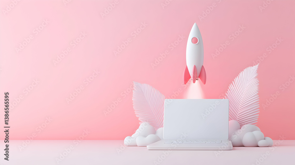 Pink Pastel Rocket Launching from Laptop on Cloud with Leaves Pink Pastel Rocket Launching from Laptop on Cloud with Leaves