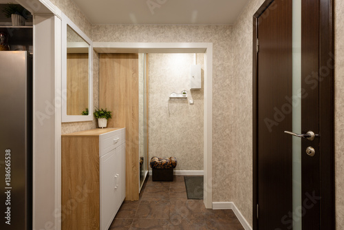 Obraz na płótnie Apartment interior. Corridor and hallway. Home furniture. In the corridor, a chest of drawers and a mirror. In the hallway, a wardrobe and an ottoman. Rooms in a small apartment. w salonie