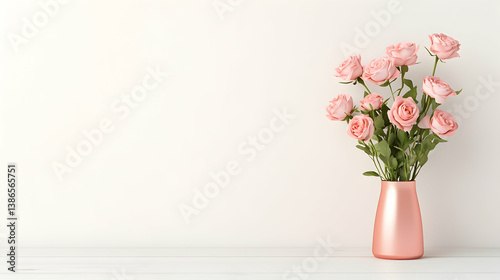 Pink Roses in a Rose Gold Vase on White Background