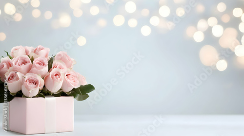 Pink Roses in Gift Box with Bokeh Lights Background
