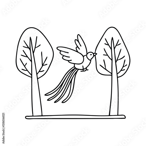 Illustration of a quetzal bird swinging by its long tail feathers between trees