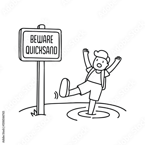 Illustration of a panicked man stuck in quicksand next to a warning sign