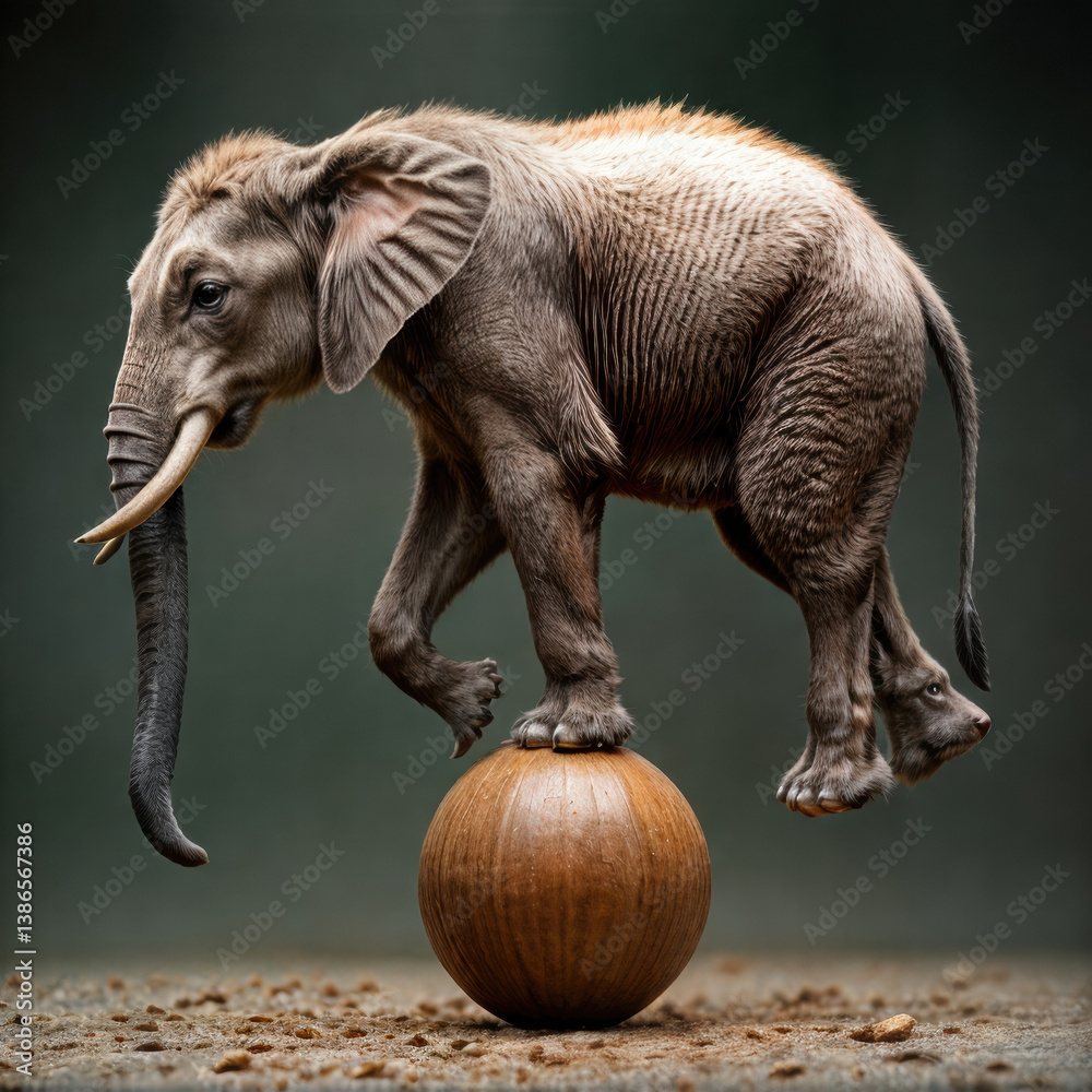 Naklejka premium A playful elephant balances on a wooden ball, showcasing grace and agility, perfect for dynamic marketing and creative projects.