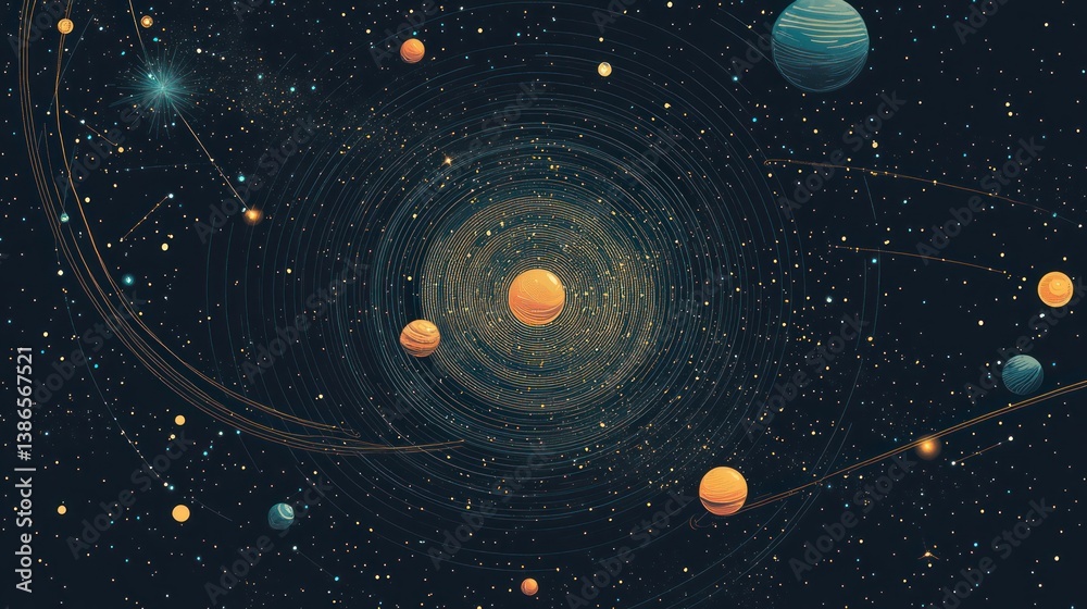 Fototapeta premium Cosmic swirl planets orbiting a star, galaxy background, space exploration