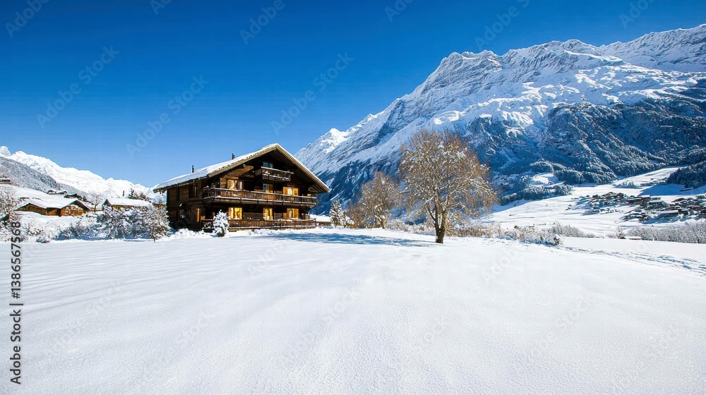 Snowy Alpine Chalet In Mountainous Valley Snowy Alpine Chalet In Mountainous Valley
