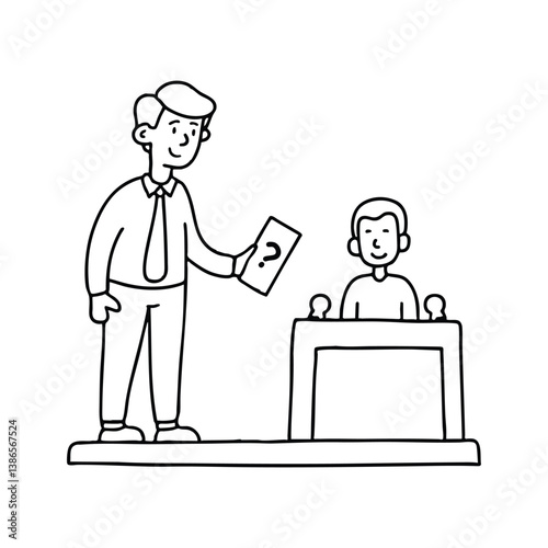 Illustration of a game show host holding a question card, facing a contestant at a podium with buzzer