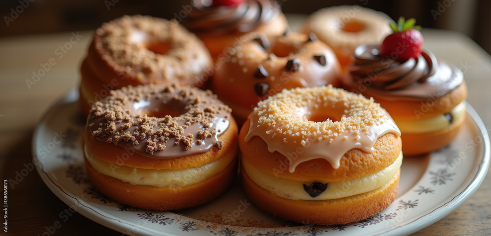 A tempting assortment of delicious donuts plated beautifully, perfect for food blogs, menus, or marketing materials. A tempting assortment of delicious donuts plated beautifully, perfect for food blogs, menus, or marketing materials.