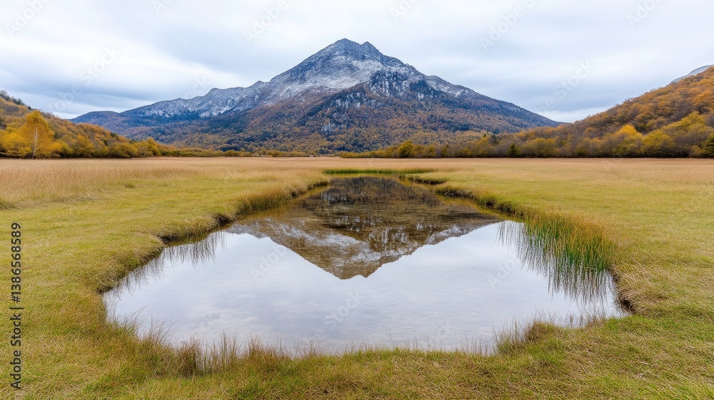 Obraz premium Mountain reflection in tranquil autumnal marsh