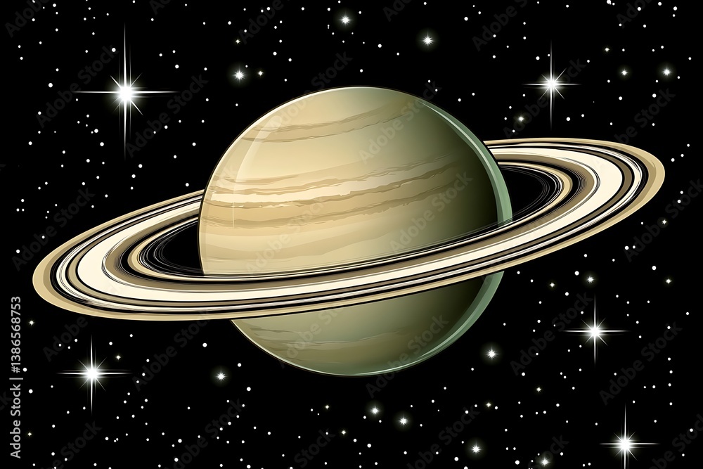 Striking vector depiction of saturn with its rings amidst distant stars Striking vector depiction of saturn with its rings amidst distant stars
