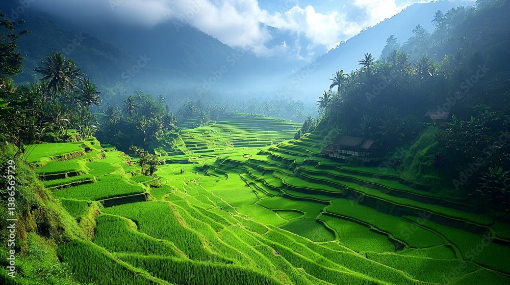 Fototapeta premium Lush green rice terraces in a valley, sunlit.