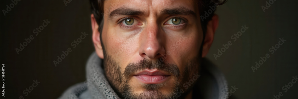 Obraz premium Intense portrait of a man with captivating eyes and a rugged look. Ideal for themes of masculinity, confidence, and lifestyle.