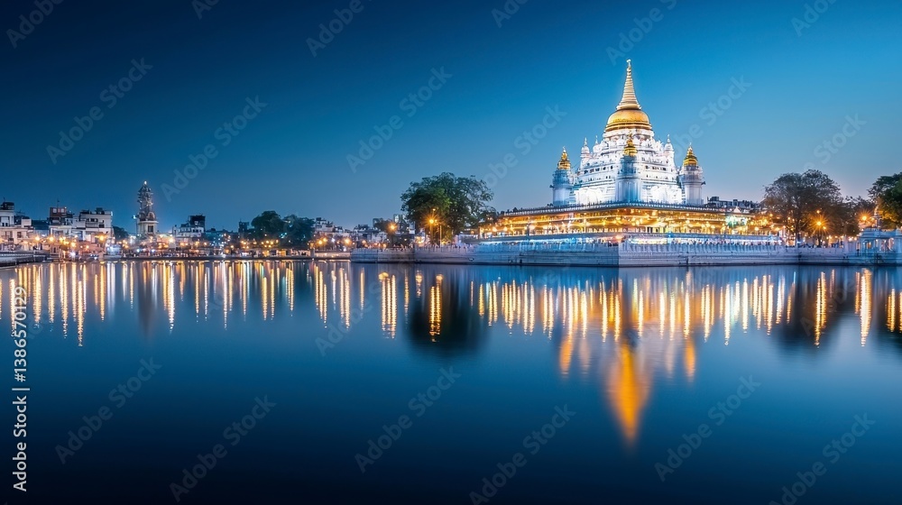 Obraz premium Serene Temple Reflection at Dusk
