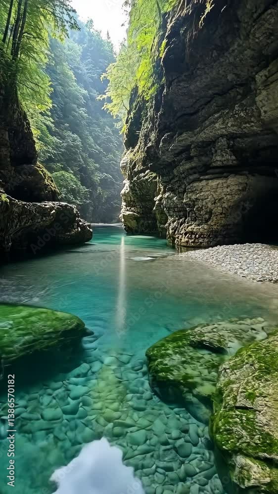 Exploring a serene river gorge with crystal clear water and lush greenery on a sunny day Exploring a serene river gorge with crystal clear water and lush greenery on a sunny day