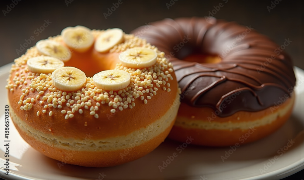 Tempting close-up of two delicious donuts: one topped with chocolate and the other adorned with banana slices and sprinkles, perfect for dessert menus and sweet treats promotions. Tempting close-up of two delicious donuts: one topped with chocolate and the other adorned with banana slices and sprinkles, perfect for dessert menus and sweet treats promotions.