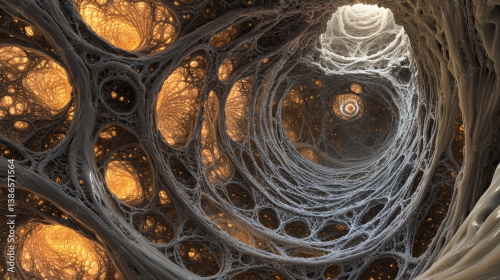 Abstract Digital Art Glowing Amber and Gold Organic Network
