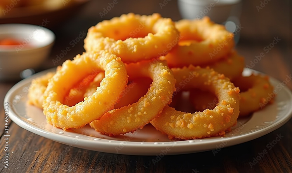 Crispy, golden onion rings piled high on a plate, perfect for showcasing delectable appetizers or bar snacks in restaurant menus or food photography. Crispy, golden onion rings piled high on a plate, perfect for showcasing delectable appetizers or bar snacks in restaurant menus or food photography.