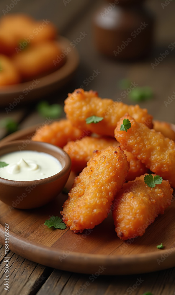 Crispy golden fried chicken strips served with a creamy dipping sauce, perfect for culinary presentations, menus, or food advertising. Crispy golden fried chicken strips served with a creamy dipping sauce, perfect for culinary presentations, menus, or food advertising.