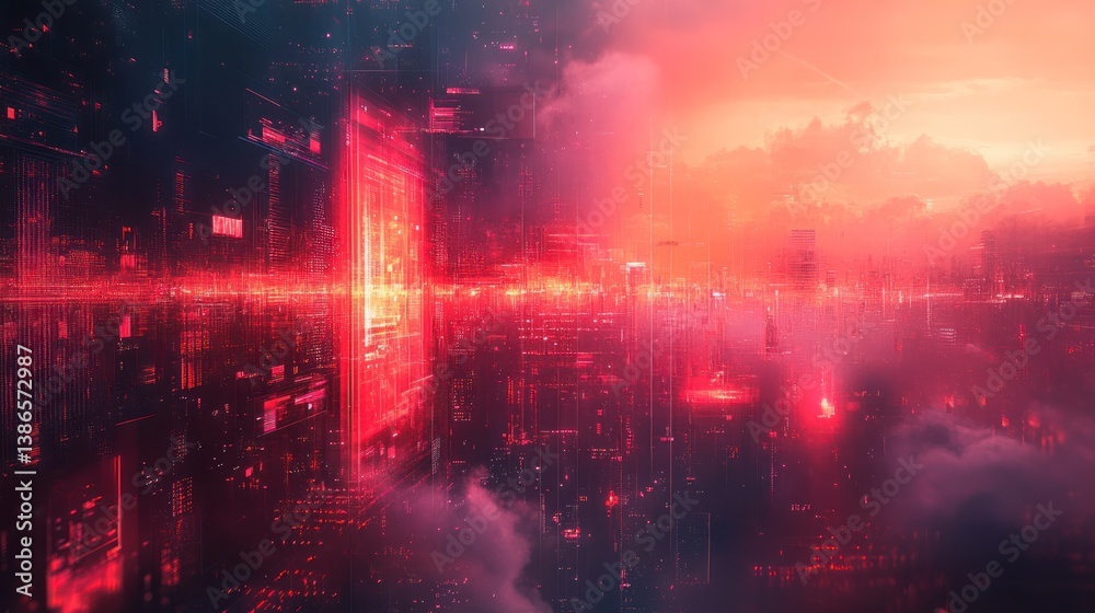 Cyberpunk city portal sunset; futuristic digital gateway, red sky, cloudscape Cyberpunk city portal sunset; futuristic digital gateway, red sky, cloudscape