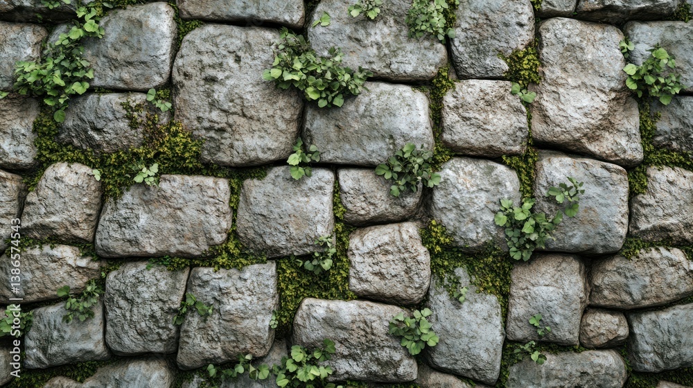 Obraz premium Stone wall texture with moss and plants. Close-up view of irregularly shaped stones,?light gray in color, interlocked together. Small patches of greenery, moss, and plants grow between the stones