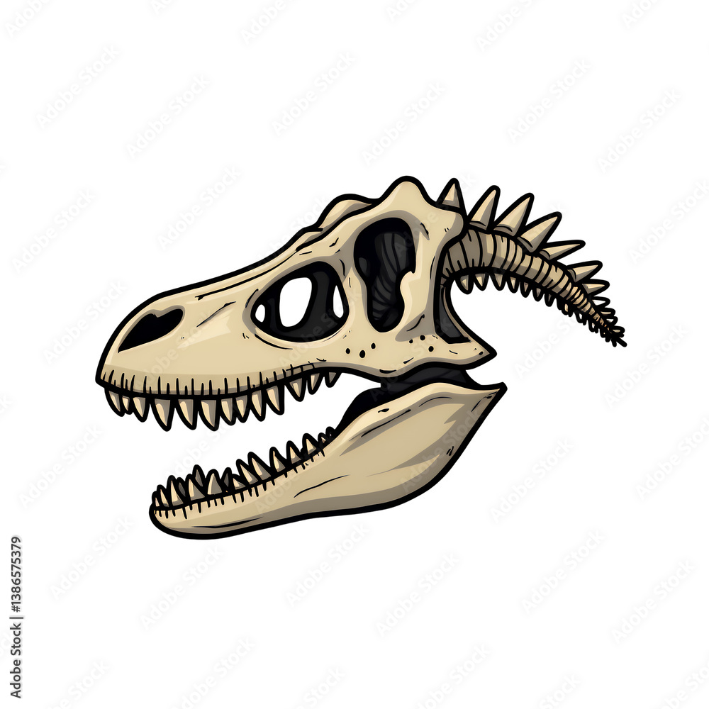 Fototapeta premium Dinosaur Skull Cartoon with Spikes, Fossil, Transparent Background