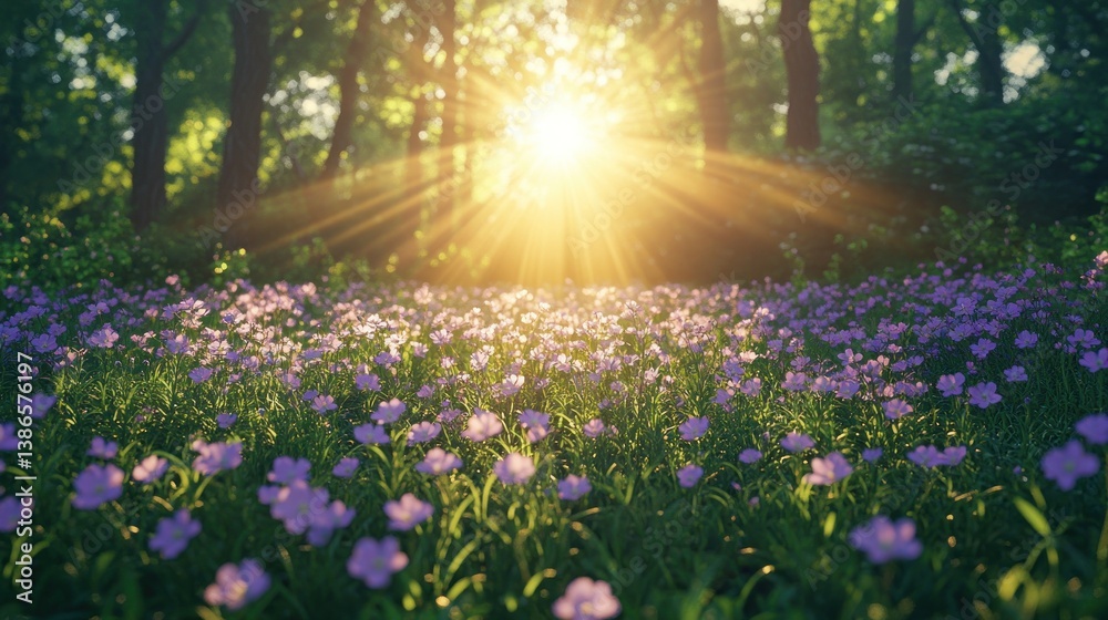 Obraz premium Sunlight streams through a forest, illuminating a field of purple wildflowers. Lush greenery surrounds the vibrant blossoms, creating a serene and beautiful scene